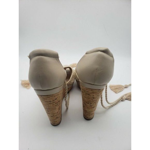 Moda Spana Tan Crocheted Tie Strap Ankle Wedge Cork Sandal BOHO Sz 9 - Picture 5 of 7